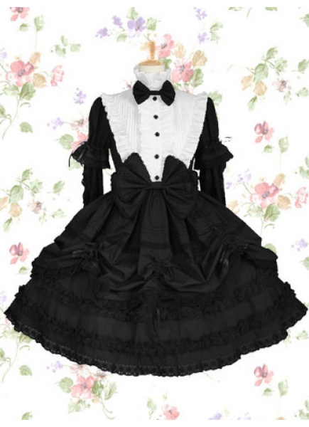 Black And White Cotton Stand-up Collar Long Sleeves Empire Knee-length Gothic Lolita Dress With Ruffles