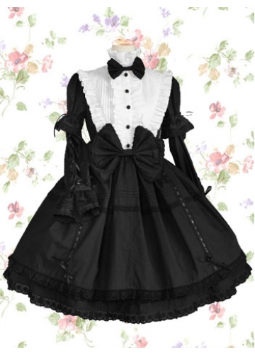 Black And White Cotton Stand-up Collar Long Sleeves Empire Knee-length Gothic Lolita Dress With Ruffles