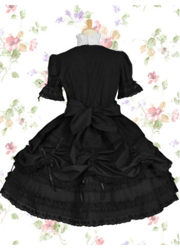 Black And White Cotton Stand-up Collar Long Sleeves Empire Knee-length Gothic Lolita Dress With Ruffles