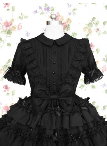 Graceful Black Cotton Turndown Collar Short Sleeves Knee-length Gothic Lolita Dress