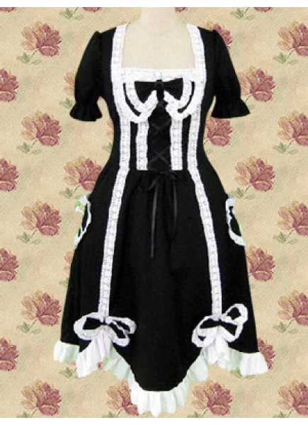Elegant White And Black Cotton Square-collar Short Sleeves Knee-length Lace Gothic Lolita Dress