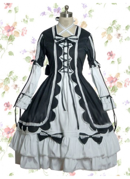 Square Cotton Long Sleeves Knee-length Gothic Lolita Dress With Tiers