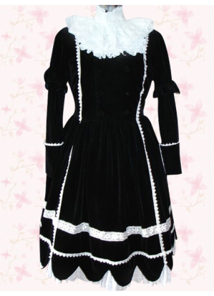 Black And White Cotton Stand Collar Long Sleeves Knee-length Gothic Lolita Dress