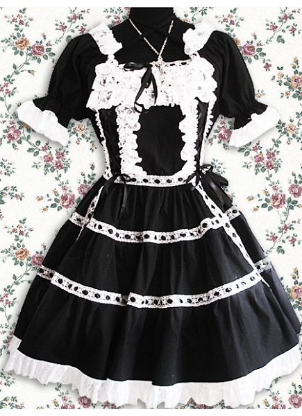 Black And White Cotton Square-collar Short Sleeve Knee-length Gothic Lolita Dress With Ruffles