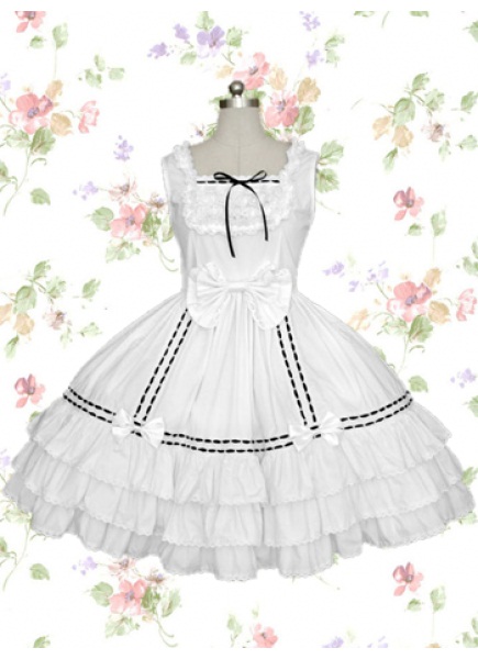 Black And White Cotton Square Sleeveless Ruffles Gothic Lolita Dress With Tiers