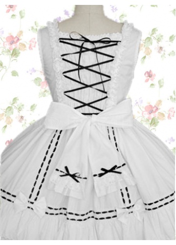 Black And White Cotton Square Sleeveless Ruffles Gothic Lolita Dress With Tiers