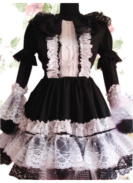 Scoop Empire Black And White Trumpet Sleeve Lace Gothic Lolita Dress