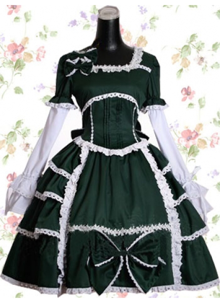 Black And White Cotton Square-collar Long Sleeve Knee-length Gothic Lolita Dress With Ruffles