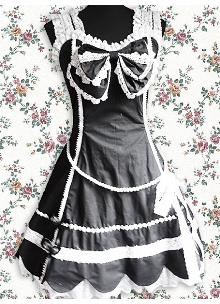 Black And White Cotton Sweetheart Sleeveless Knee-length Gothic Lolita Dress With Flouncing