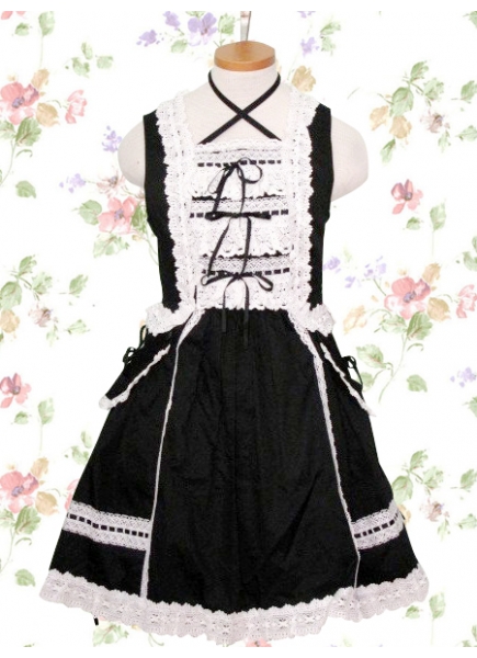 Black And White Cotton Square-collar Sleeveless Knee-length Lace Gothic Lolita Dress