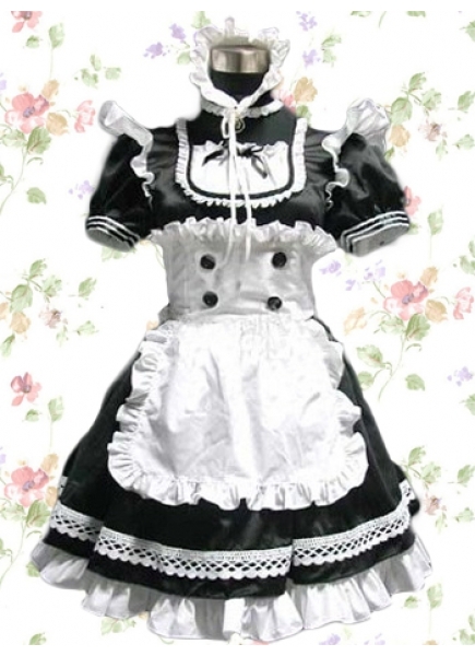 Black And White Cotton Short Sleeves Knee-length Gothic Lolita Dress With Ruffles