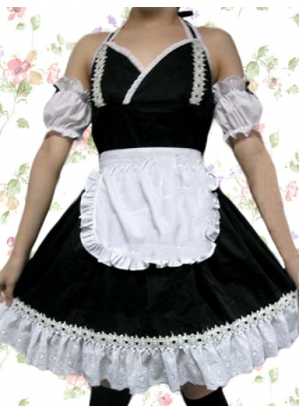 Wonderful Black And White Cotton V-Neck Sleeveless Gothic Lolita Dress With Ruffles