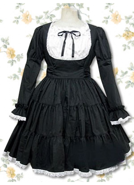Empire Scoop Cotton Black And White Long Sleeves Knee-length Gothic Lolita Dress With Ruffles