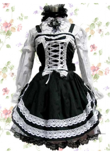 Black And White Cotton Stand-up Collar Long Sleeves Empire Gothic Lolita Dress With Tiers