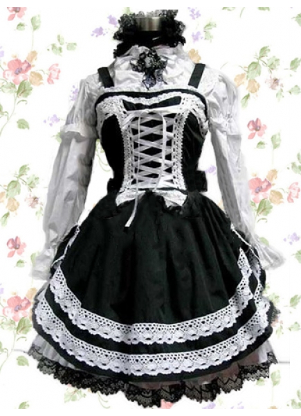 Black And White Cotton Stand-up Collar Long Sleeves Empire Gothic Lolita Dress With Tiers