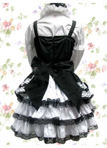 Black And White Cotton Stand-up Collar Long Sleeves Empire Gothic Lolita Dress With Tiers