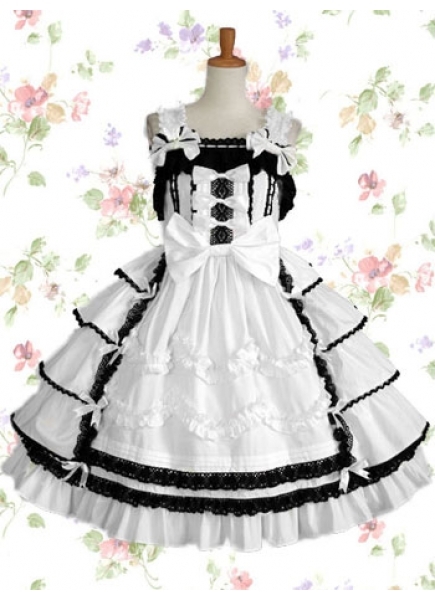 Black And White Cotton Scalloped-Edge Sleeveless Knee-length Gothic Lolita Dress With Tiered