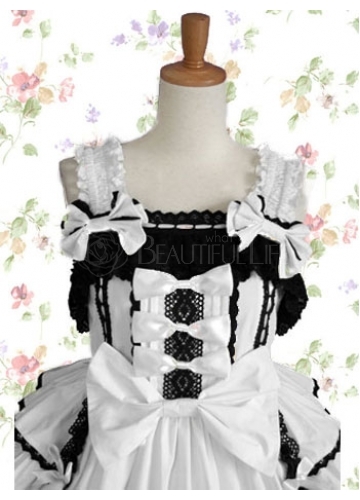 Black And White Cotton Scalloped-Edge Sleeveless Knee-length Gothic Lolita Dress With Tiered