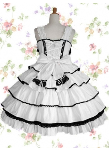 Black And White Cotton Scalloped-Edge Sleeveless Knee-length Gothic Lolita Dress With Tiered