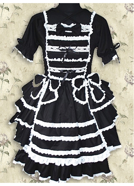 Cotton Square-collar Short Sleeve Knee-length Black And White Gothic Lolita Dress With Bow