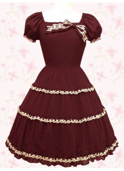 Dark Red Cotton Square Short Sleeves Knee-length Gothic Lolita Dress With Ruffles