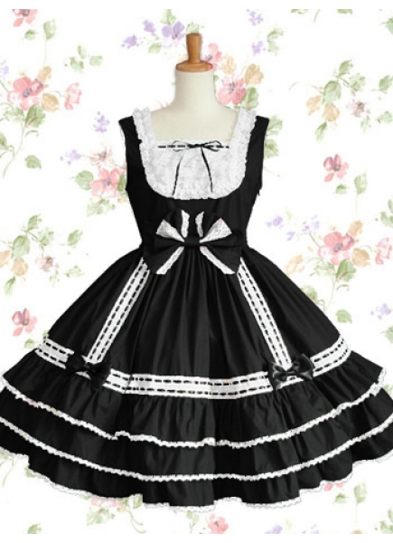Black And White Cotton Square-collar Sleeveless Knee-length Gothic Lolita Dress With Bow