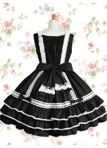 Black And White Cotton Square-collar Sleeveless Knee-length Gothic Lolita Dress With Bow