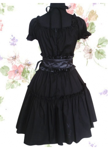 Black Cotton Cowlneck Short Sleeves Knee-length Gothic Lolita Dress With Vertical Pleats
