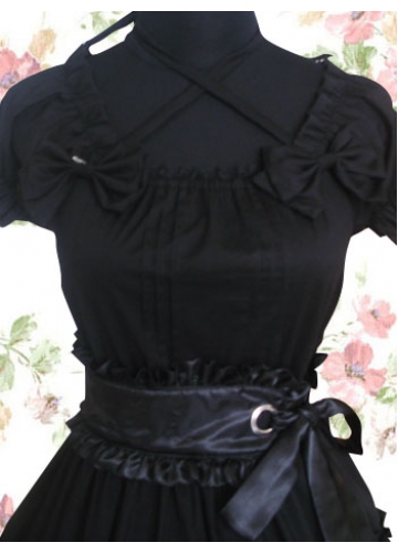 Black Cotton Cowlneck Short Sleeves Knee-length Gothic Lolita Dress With Vertical Pleats