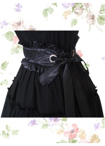 Black Cotton Cowlneck Short Sleeves Knee-length Gothic Lolita Dress With Vertical Pleats