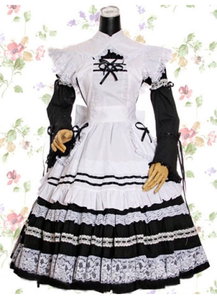White And Black Cotton Turndown Collar Long Sleeve Knee-length Ruffle Gothic Lolita Dress