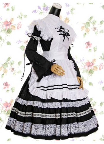 White And Black Cotton Turndown Collar Long Sleeve Knee-length Ruffle Gothic Lolita Dress