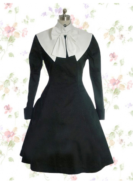 Black And White Cotton Stand Collar Long Sleeve Knee-length Gothic Lolita Dress With Bowknot