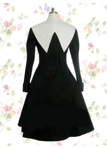 Black And White Cotton Stand Collar Long Sleeve Knee-length Gothic Lolita Dress With Bowknot