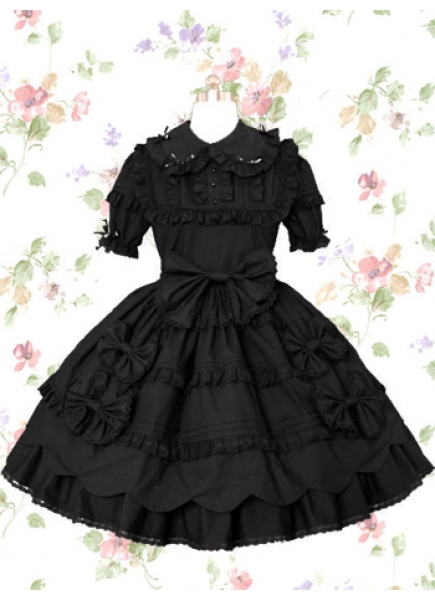 Black Cotton Turndown Collar Short Sleeves Knee-length Gothic Lolita Dress With Ruffles
