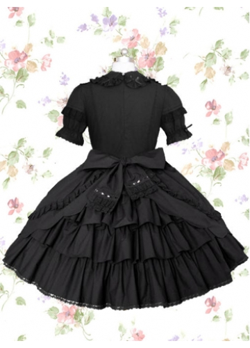 Black Cotton Turndown Collar Short Sleeves Knee-length Gothic Lolita Dress With Ruffles