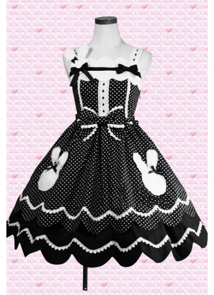 Black Cotton Sweet Spaghetti Straps Empire Bow Knee-length Lolita Dress With Flouncing Style