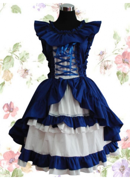 Gorgeous Blue And White Cotton Sleeveless Ruffle Knee-length Sweet Lolita Dress