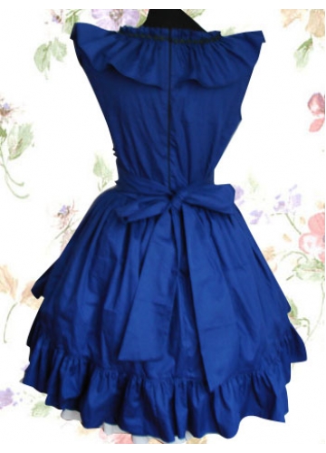 Gorgeous Blue And White Cotton Sleeveless Ruffle Knee-length Sweet Lolita Dress