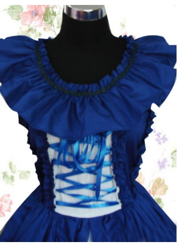 Gorgeous Blue And White Cotton Sleeveless Ruffle Knee-length Sweet Lolita Dress