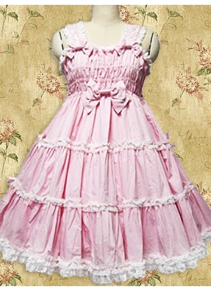 Pink Sweet Scalloped-Edge Ruffles Knee-length Cotton Lolita Dress