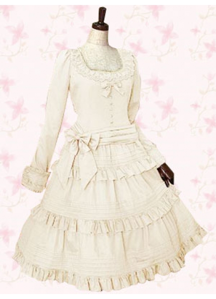 Sweet Square Long Sleeves Empire Cotton Lolita Dress With Bow