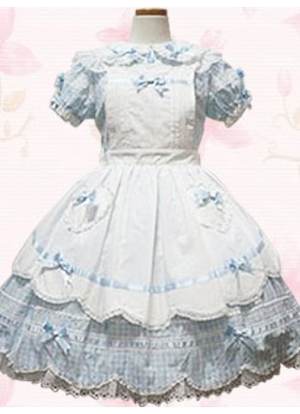 Chic White Blue Turndown Collar Short Sleeves Cotton Sweet Lolita Dress