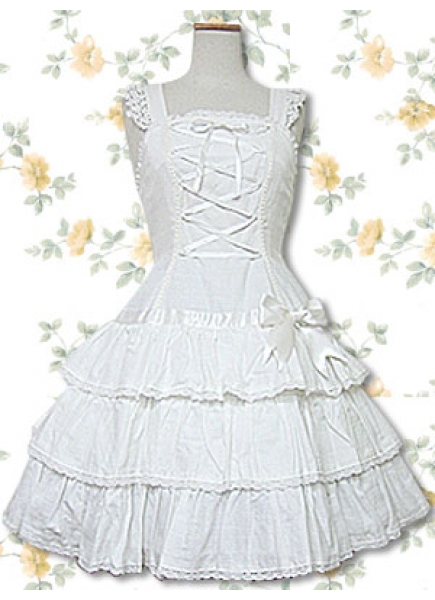 Lovely White Cotton Straps Sleeveless Bow Ruffle Tiers Sweet Lolita Dress