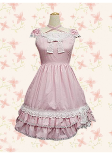 Sweet Pink Lace Bow Ruffles Sleeveless Straps Cotton Lolita Dress