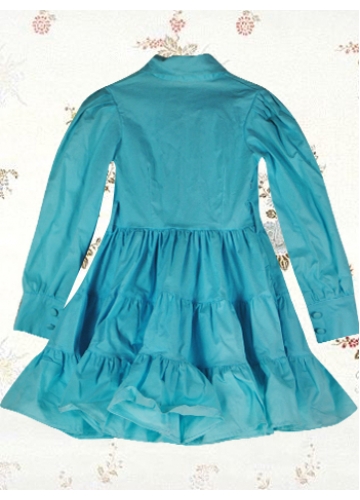 Graceful Aqua Blue Turndown Collar Long Sleeves Pleated Sweet Cotton Lolita Dress