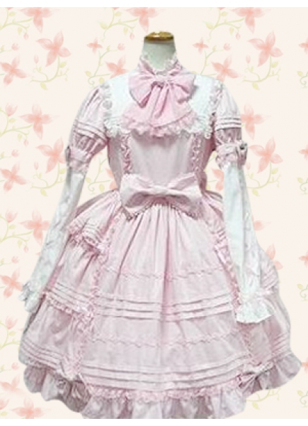 Sweet Pink Cotton Bow Lace Long Sleeve Lolita Dress