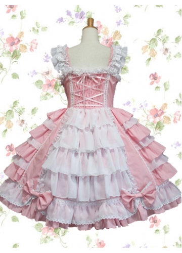 Sweet Pink And White Straps Sleeveless Empire Bow Knee-length Cotton Lolita Dress With Ruffles