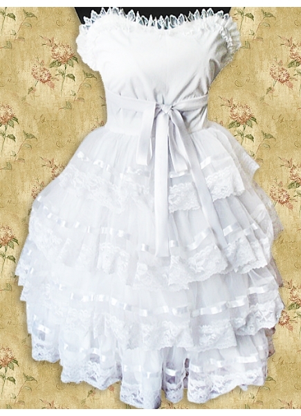Gorgeous White Strapless Sleeveless Ruffles Sash Cotton Sweet Lolita Dress
