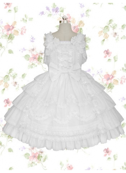 White Cotton Straps Sleeveless Knee-length Ruffles Sweet Lolita Dress With Bow